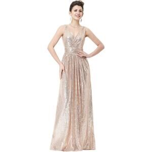 Kate Kasin Women's 18 Rose Gold Sequined Maxi Dress Bridesmaids Wedding O11-5